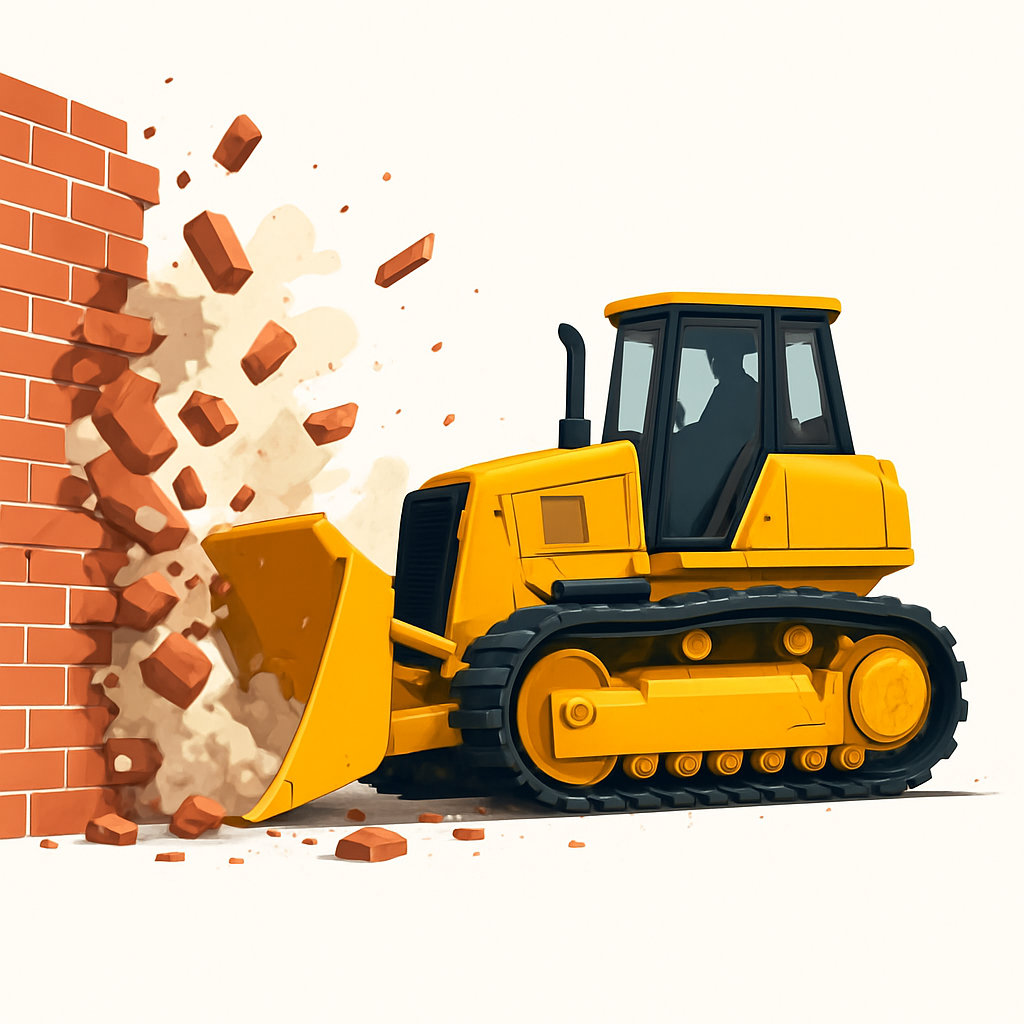 Bulldozer breaking through a wall